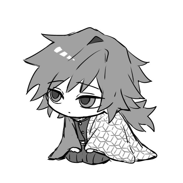 tomioka giyuu, kimetsu no yaiba, 1boy, am kmt0106, black jacket, black pants, buttons, chibi, chibi only, closed mouth, demon slayer uniform, empty eyes, full body, greyscale, jacket, long hair, looking to the side, low ponytail, male focus, monochrome, pants, ponytail, simple background, sitting, solo, spiked hair, white background