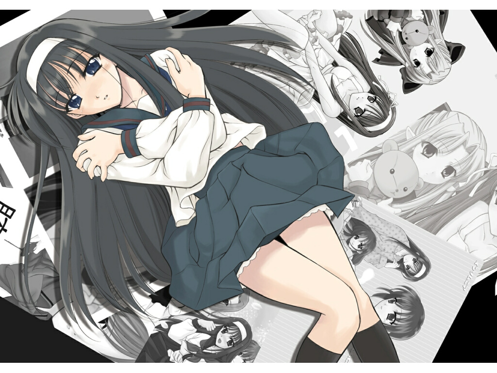 len (tsukihime), tohno akiha, tsukihime, 00s, 1girl, black eyes, black hair, crossed arms, long hair, looking at viewer, lying, multiple views, on back, pleated skirt, school uniform, serafuku, skirt