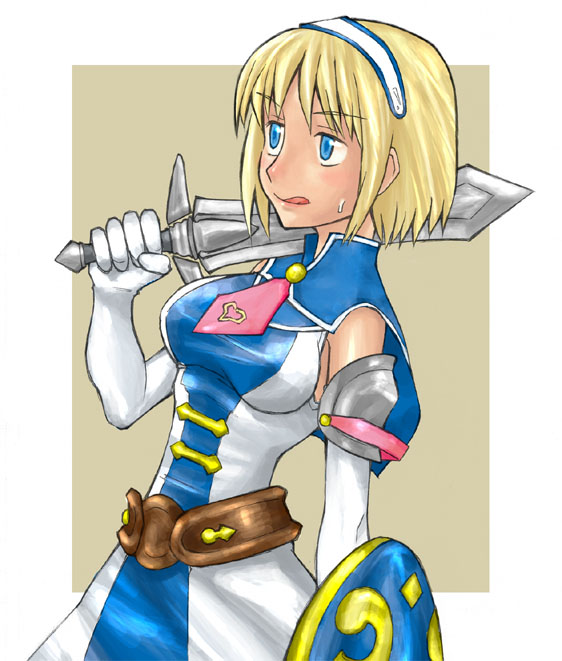 cassandra alexandra, soul calibur, soulcalibur, soulcalibur ii, 1girl, armor, armored dress, belt, blonde hair, blue eyes, detached sleeves, dress, female focus, gloves, hairband, necktie, pink necktie, shield, short hair, short sword, solo, sword, tongue, weapon, white gloves
