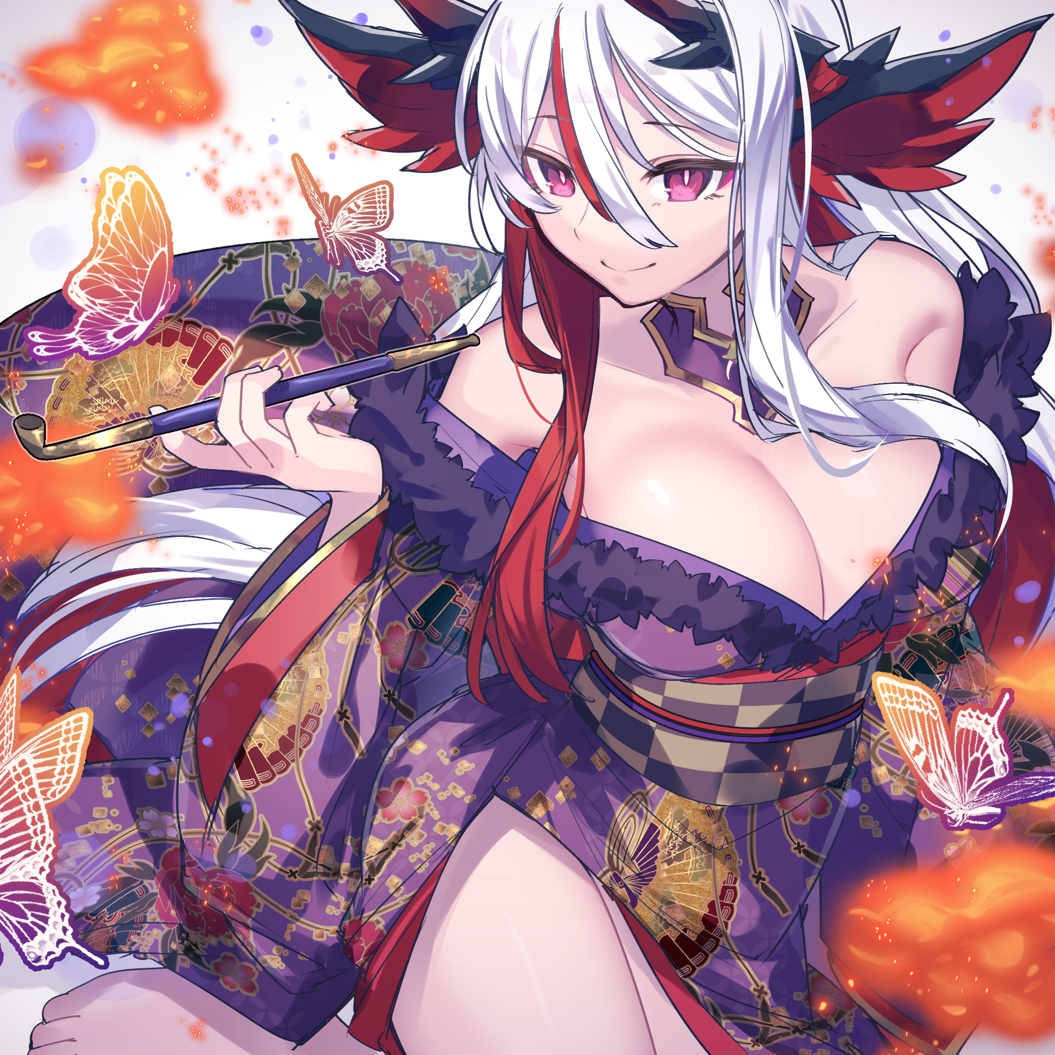 kuuron (moesann17), puzzle & dragons, character request, highres, 1girl, breasts, bug, butterfly, cleavage, hair ornament, horns, insect, japanese clothes, kimono, large breasts, long hair, multicolored hair, purple kimono, red eyes, red hair, smile, solo, thighs, two-tone hair, white hair