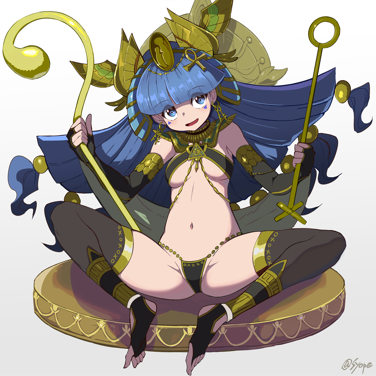 syope, michigami nareko, touhou, highres, 1girl, alternate costume, ancient egyptian clothes, bare shoulders, black bra, black gloves, black panties, blue eyes, blue hair, blunt bangs, bra, breasts, elbow gloves, fingerless gloves, full body, gloves, gold tiara, holding, holding scepter, legs, long hair, looking at viewer, medium breasts, navel, open mouth, panties, scepter, sitting, smile, solo, thighhighs, thighs, twitter username, underboob, underwear