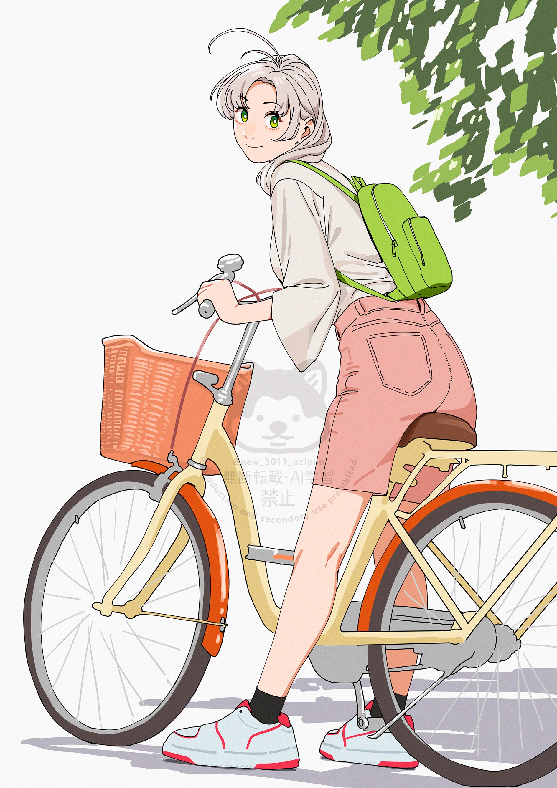 ojipon, kinugasa (kancolle), kinugasa (kure 2025) (kancolle), kinugasa kai ni (kancolle), kantai collection, absurdres, highres, 1girl, antenna hair, backpack, bag, basket, bicycle, black socks, full body, green eyes, grey hair, long hair, looking at viewer, official alternate costume, pink shorts, shirt, shoes, shorts, smile, socks, solo, white shirt, white shoes
