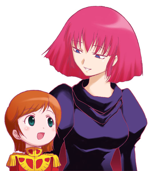 yuuki shin'ichi, haman karn, mineva lao zabi, gundam, zeta gundam, uniform, 2girls, blue eyes, brown hair, epaulettes, green eyes, looking at another, multiple girls, orange hair, pink hair, purple eyes, short hair