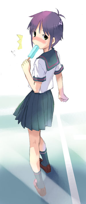 takenashi eri, seo akira, kagetsu tooya, original, tsukihime, 00s, 1girl, ^^^, female focus, food, from behind, looking back, parted bangs, pleated skirt, popsicle, purple hair, school uniform, serafuku, skirt, solo