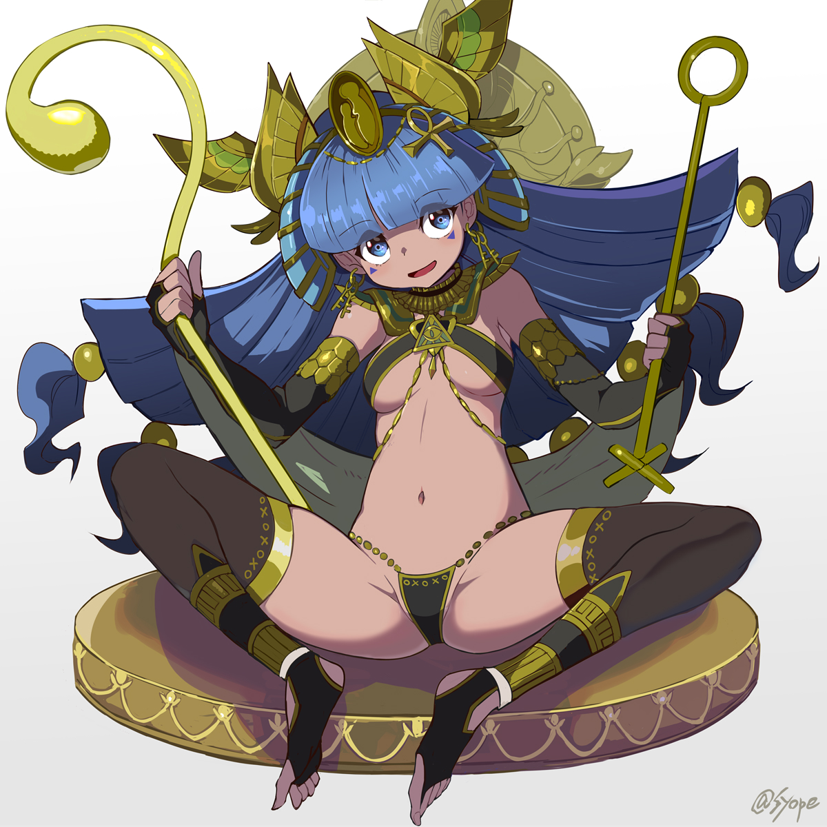 syope, michigami nareko, touhou, highres, 1girl, alternate costume, ancient egyptian clothes, bare shoulders, black bra, black gloves, black panties, blue eyes, blue hair, blunt bangs, bra, breasts, dark skin, elbow gloves, fingerless gloves, full body, gloves, gold tiara, holding, holding scepter, legs, long hair, looking at viewer, medium breasts, navel, open mouth, panties, scepter, sitting, smile, solo, tan, thighhighs, thighs, twitter username, underboob, underwear