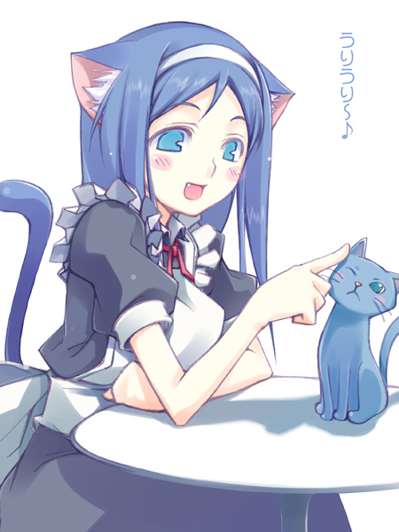 toruneko, original, 1girl, animal, animal ears, blue eyes, blue hair, blush stickers, cat, cat ears, cat girl, fang, female focus, hairband, long hair, maid, maid headdress, matching hair/eyes, one eye closed, poking, simple background, smile, solo