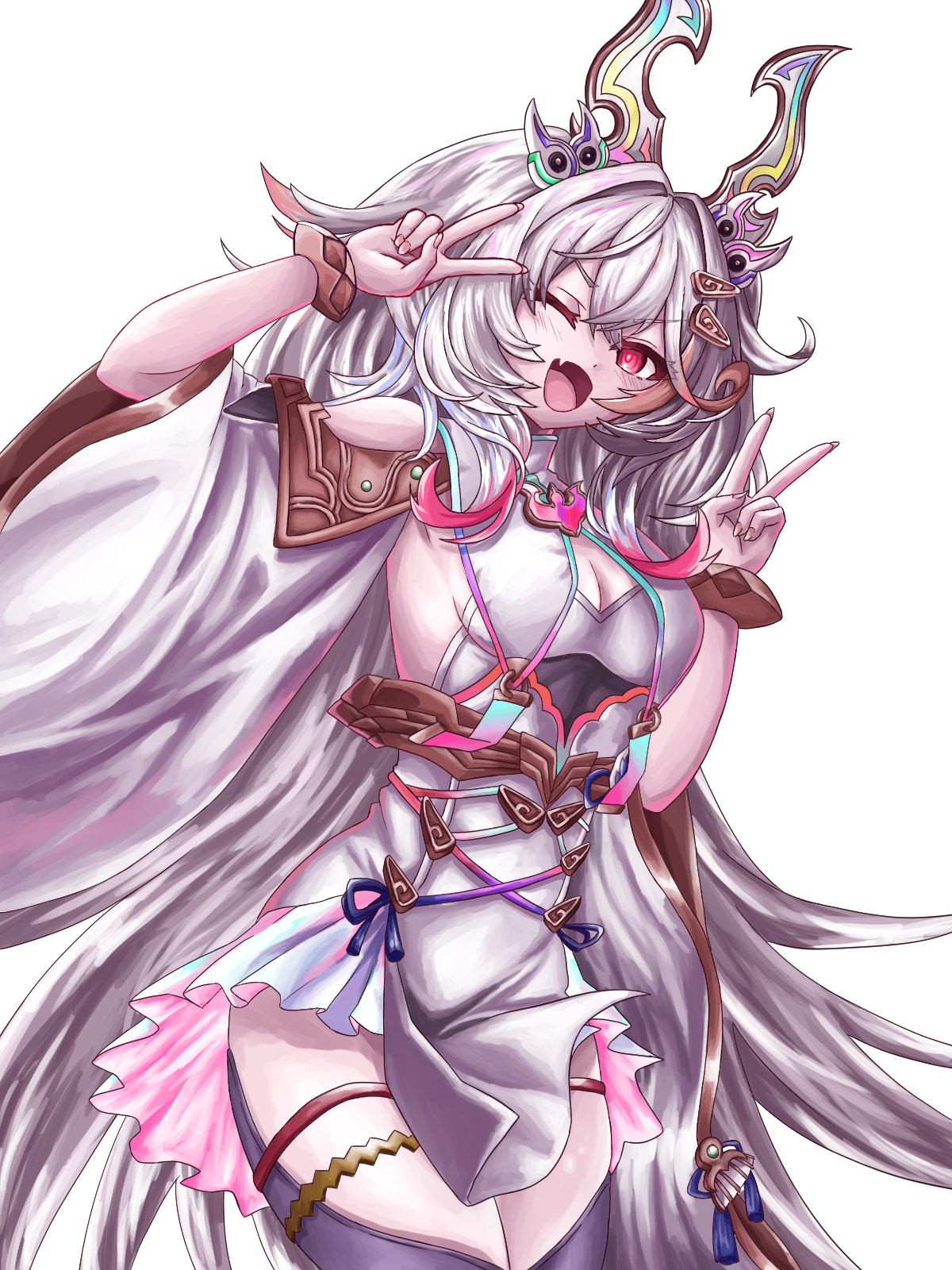 baki (duel masters), duel masters, highres, 1girl, armlet, cleavage cutout, clothing cutout, double v, fang, gradient clothes, hair ornament, japanese clothes, jewelry, kimono, long hair, long sleeves, multicolored hair, one eye closed, open mouth, pink hair, red eyes, simple background, solo, thigh strap, thighhighs, tukish fi, v, very long hair, white background, white hair