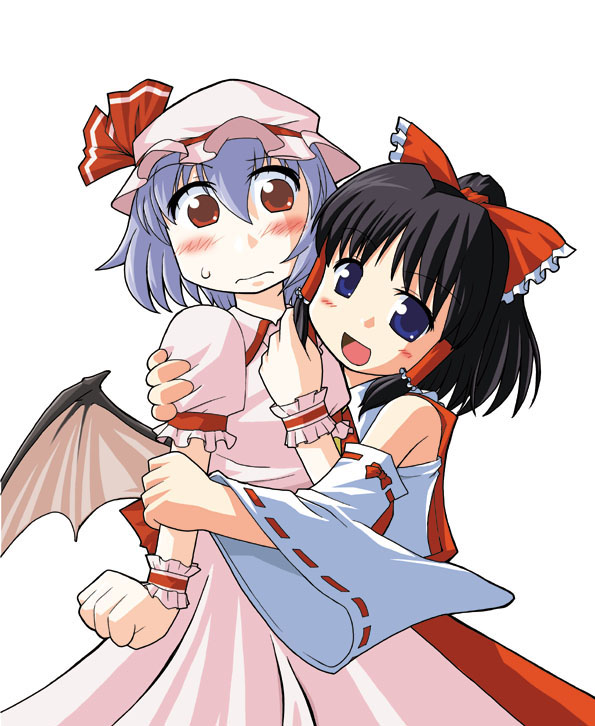 akase rai, hakurei reimu, remilia scarlet, touhou, 2girls, bat wings, blue eyes, blush, bow, detached sleeves, female focus, hair bow, half updo, hat, hug, mob cap, multiple girls, red eyes, simple background, white background, wings