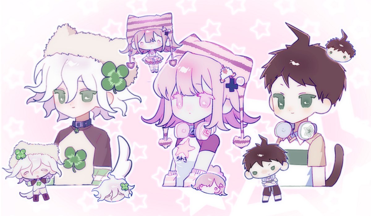 cheong (nept1211), hinata hajime, komaeda nagito, nanami chiaki, danganronpa (series), danganronpa 2: goodbye despair, 1girl, 2boys, ahoge, alternate costume, animal collar, brown hair, brown hat, brown shirt, cat tail, chibi, clover hair ornament, collar, dog tail, four-leaf clover hair ornament, green shirt, hair between eyes, hair ornament, hat, headphones, headphones around neck, multiple boys, pink eyes, pink hat, rabbit tail, red shirt, shirt, star (symbol), star symbol background, tail, white hair, white shirt