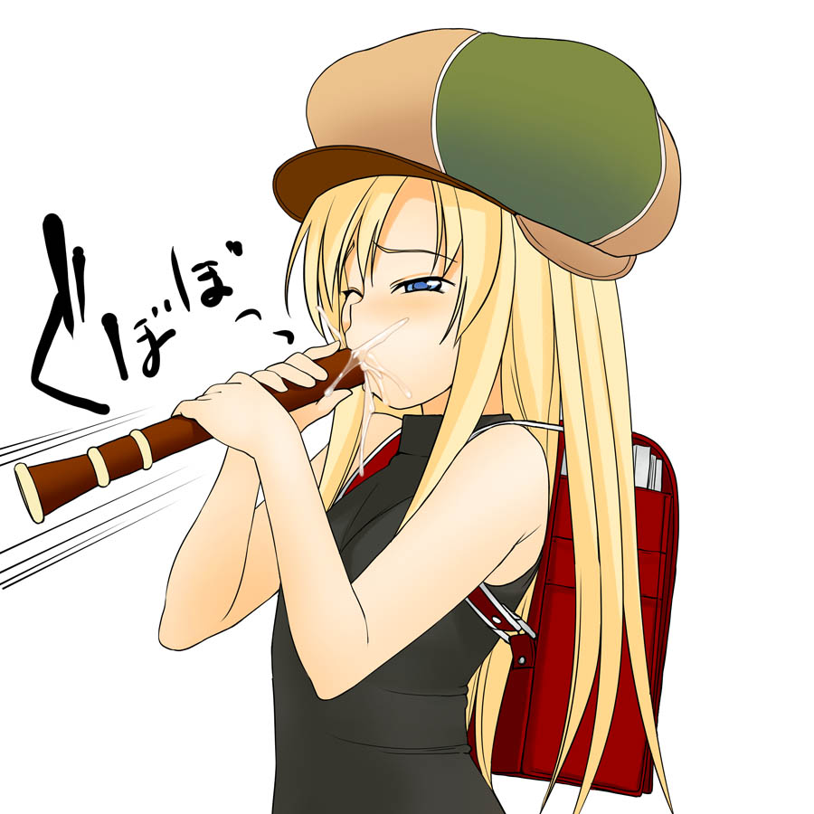a1 (initial-g), layla hamilton, kaleido star, 00s, 1girl, backpack, bag, blonde hair, blue eyes, female focus, flute, hat, holding, holding flute, holding instrument, instrument, newsboy cap, one eye closed, randoseru, recorder, sexually suggestive, solo, upper body