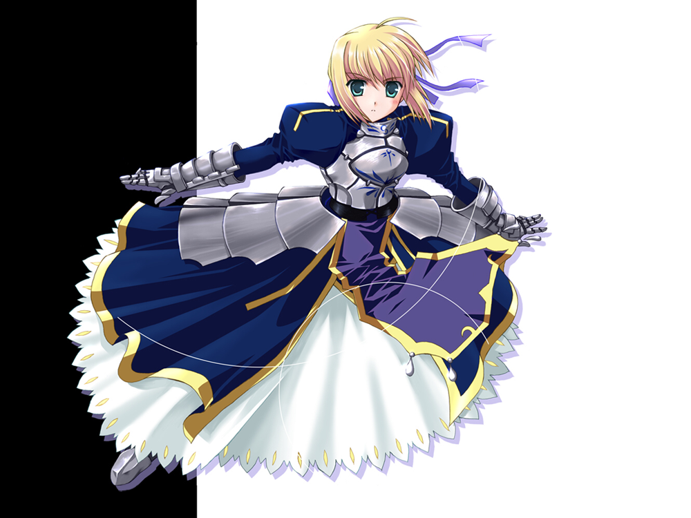 artoria pendragon (fate), saber (fate), fate/stay night, fate (series), 00s, 1girl, ahoge, armor, armored dress, blonde hair, dress, excalibur (fate/stay night), female focus, gauntlets, green eyes, hair ribbon, ribbon, solo