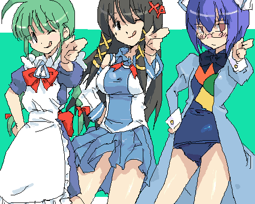 2k-tan, me-tan, xp-tan, jinki, os-tan, lowres, 3girls, blue skirt, crossover, glasses, green hair, multiple girls, oekaki, parody, skirt
