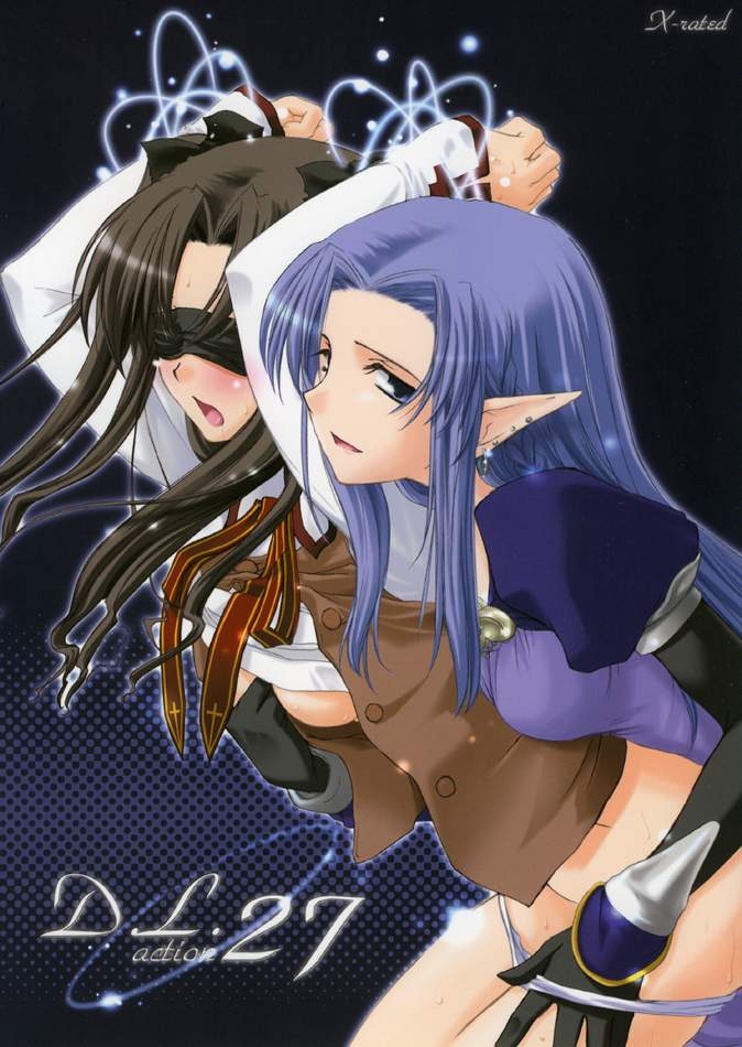nakajima yuka, medea (caster) (fate), medea (fate), tohsaka rin, fate/stay night, fate (series), 00s, 2girls, blindfold, blouse, cross, cross print, elf, homurabara academy school uniform, multiple girls, open clothes, open shirt, panties, panty pull, pointy ears, school uniform, shirt, underwear, white panties, white shirt, yuri