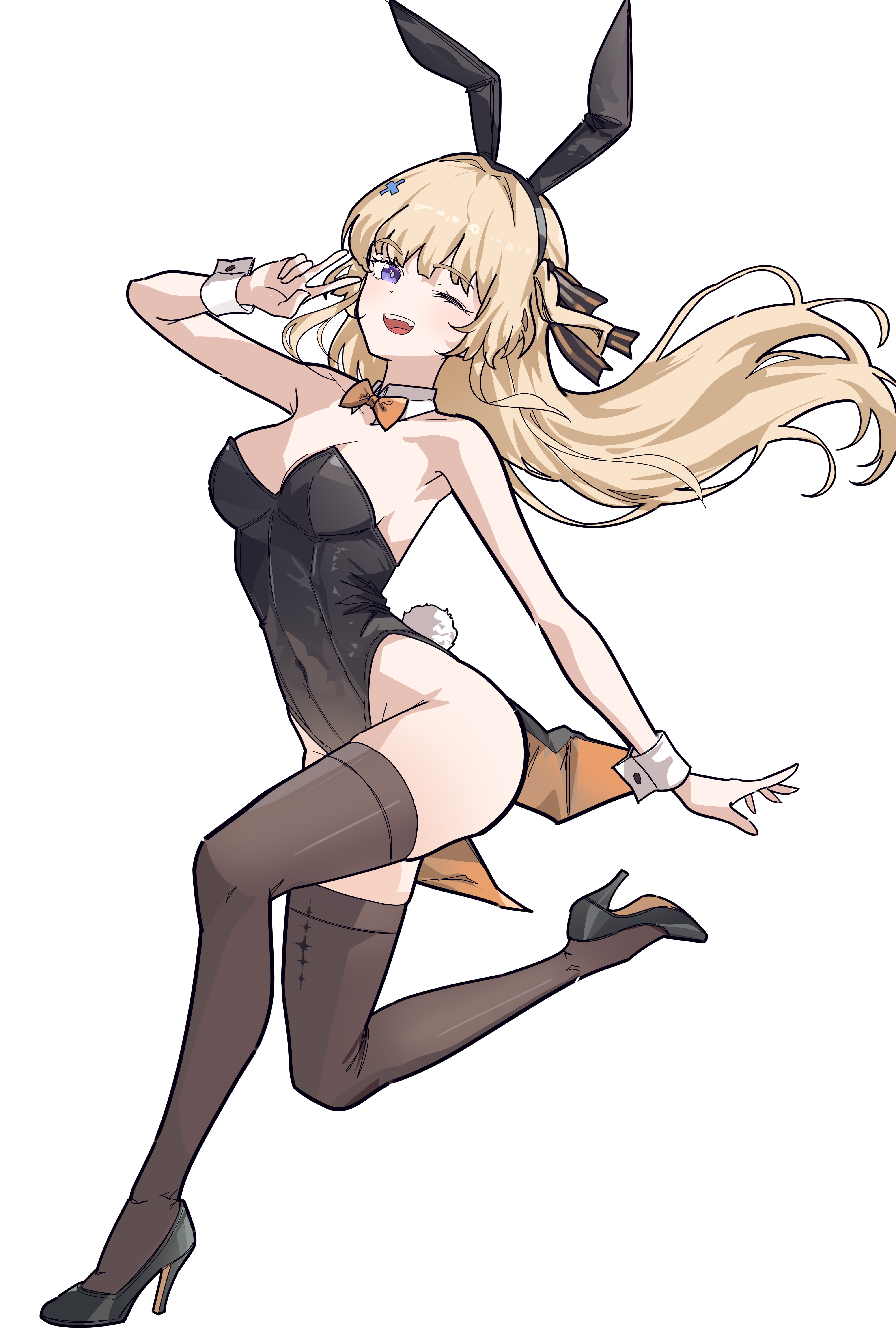 ryeon (naturesan), phoebe (wuthering waves), wuthering waves, absurdres, commentary, english commentary, highres, 1girl, alternate costume, animal ear hairband, animal ears, bare shoulders, black bow, black leotard, black shoes, black thighhighs, blonde hair, bow, bowtie, breasts, collar, detached collar, fake animal ears, fake tail, full body, hair bow, hair ornament, hairband, high heels, highleg, highleg leotard, leotard, long hair, looking at viewer, medium breasts, one eye closed, open mouth, orange bow, orange bowtie, playboy bunny, purple eyes, rabbit ear hairband, rabbit ears, rabbit tail, shoes, simple background, smile, solo, strapless, strapless leotard, striped bow, tacet mark (wuthering waves), tail, tailcoat, thighhighs, thighs, white background, white collar, white wrist cuffs, wrist cuffs, x hair ornament