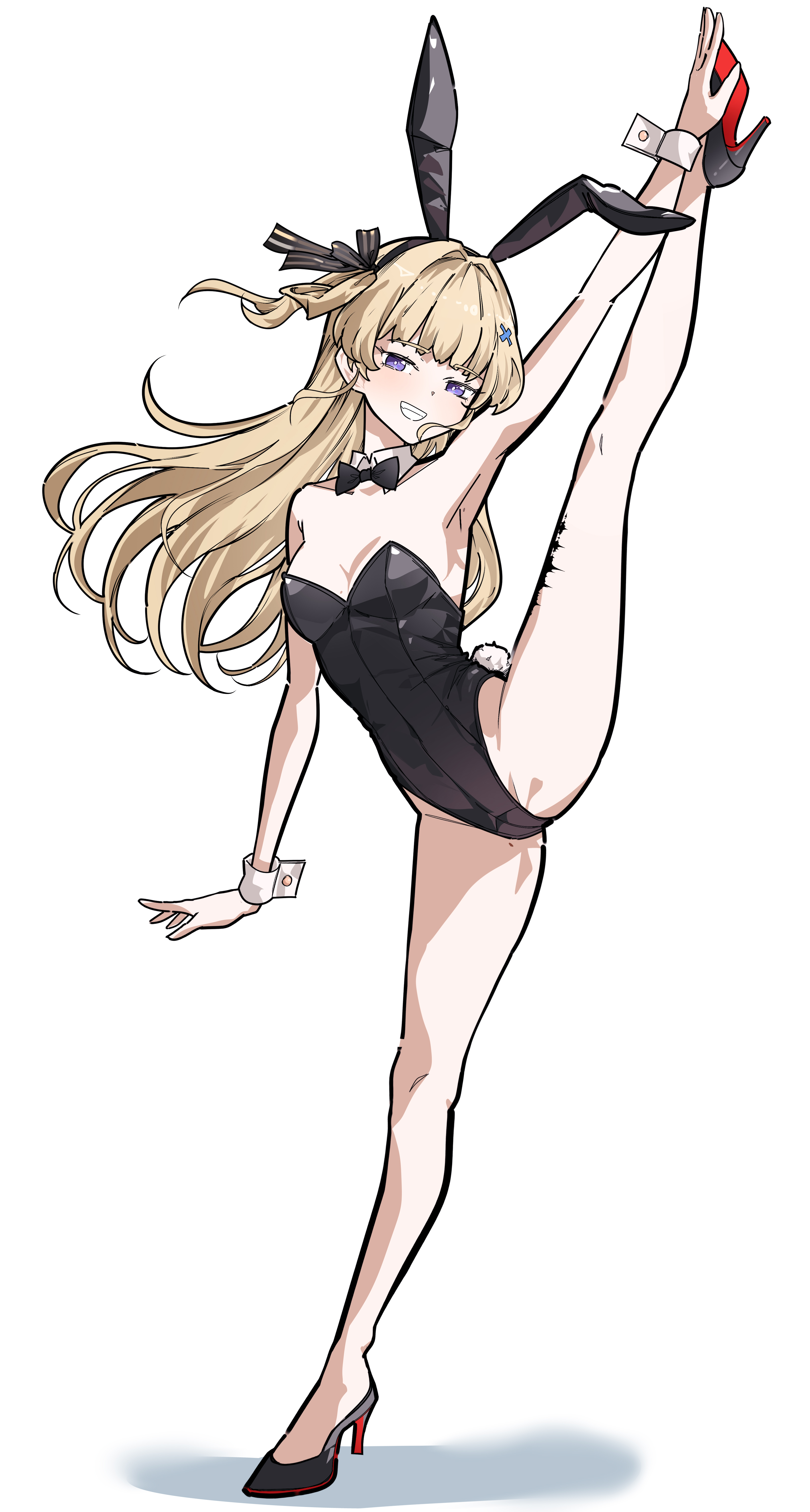 ryeon (naturesan), phoebe (wuthering waves), wuthering waves, absurdres, commentary, english commentary, highres, md5 mismatch, 1girl, alternate costume, animal ear hairband, animal ears, bare legs, bare shoulders, black bow, black bowtie, black leotard, black shoes, blonde hair, bow, bowtie, breasts, cleavage, collar, detached collar, fake animal ears, full body, grin, hair bow, hair ornament, hairband, high heels, highleg, highleg leotard, legs, leotard, long hair, looking at viewer, medium breasts, playboy bunny, purple eyes, rabbit ear hairband, rabbit ears, rabbit tail, shoes, simple background, smile, solo, split, standing, standing on one leg, standing split, strapless, strapless leotard, striped bow, tacet mark (wuthering waves), tail, thighs, white background, white collar, white wrist cuffs, wrist cuffs, x hair ornament