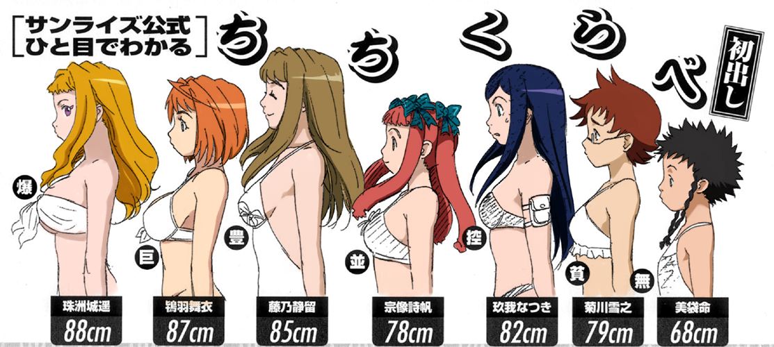 fujino shizuru, kikukawa yukino, kuga natsuki, minagi mikoto, munakata shiho, suzushiro haruka, tokiha mai, my-hime, 00s, 6+girls, bikini, black hair, blonde hair, blue hair, braid, breasts, brown hair, bust chart, chart, closed eyes, flat chest, glasses, large breasts, lineup, long hair, multiple girls, orange hair, profile, purple eyes, red hair, short hair, smile, strapless, swimsuit, tube top, twin braids