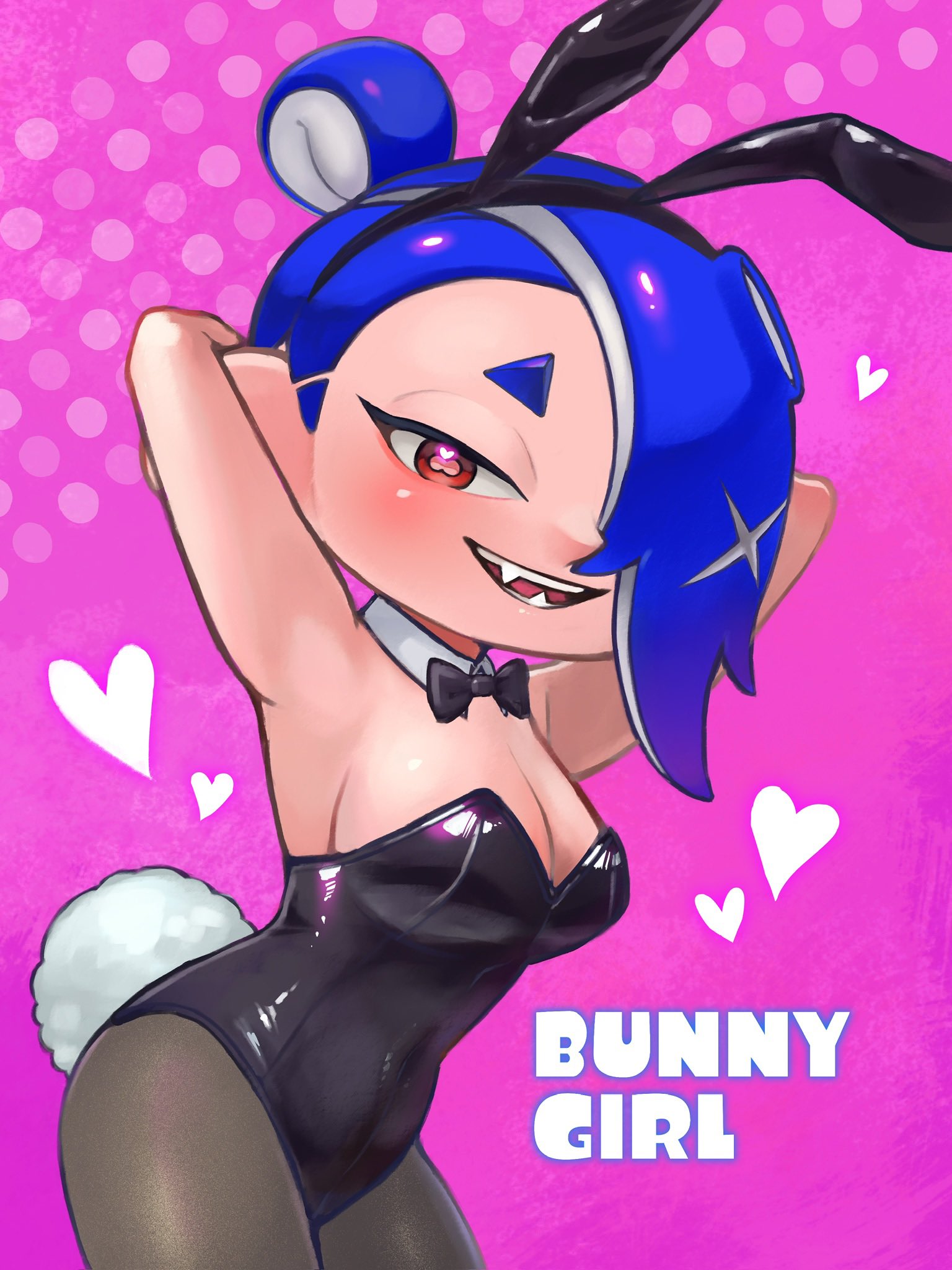 oekakirisuke, shiver (splatoon), nintendo, splatoon (series), splatoon 3, 1girl, alternate breast size (larger), alternate costume, arms behind head, arms up, blue hair, blush, bow, bowtie, breasts, cleavage, covered erect nipples, cowboy shot, detached collar, fangs, hair over one eye, hairband, heart, large breasts, leotard, long hair, open mouth, pantyhose, pink background, playboy bunny, rabbit ears, rabbit tail, red eyes, smile, solo, tentacle hair