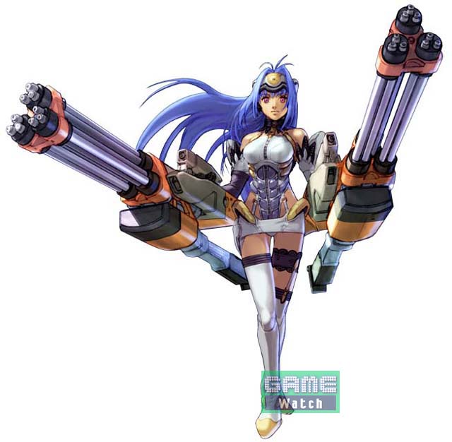 kos-mos, namco x capcom, xenosaga, xenosaga episode i, 00s, 1girl, blue hair, breasts, dual wielding, female focus, gatling gun, gun, hands on own hips, holding, huge weapon, large breasts, long hair, red eyes, solo, thighhighs, watermark, weapon, white thighhighs, you gonna get raped