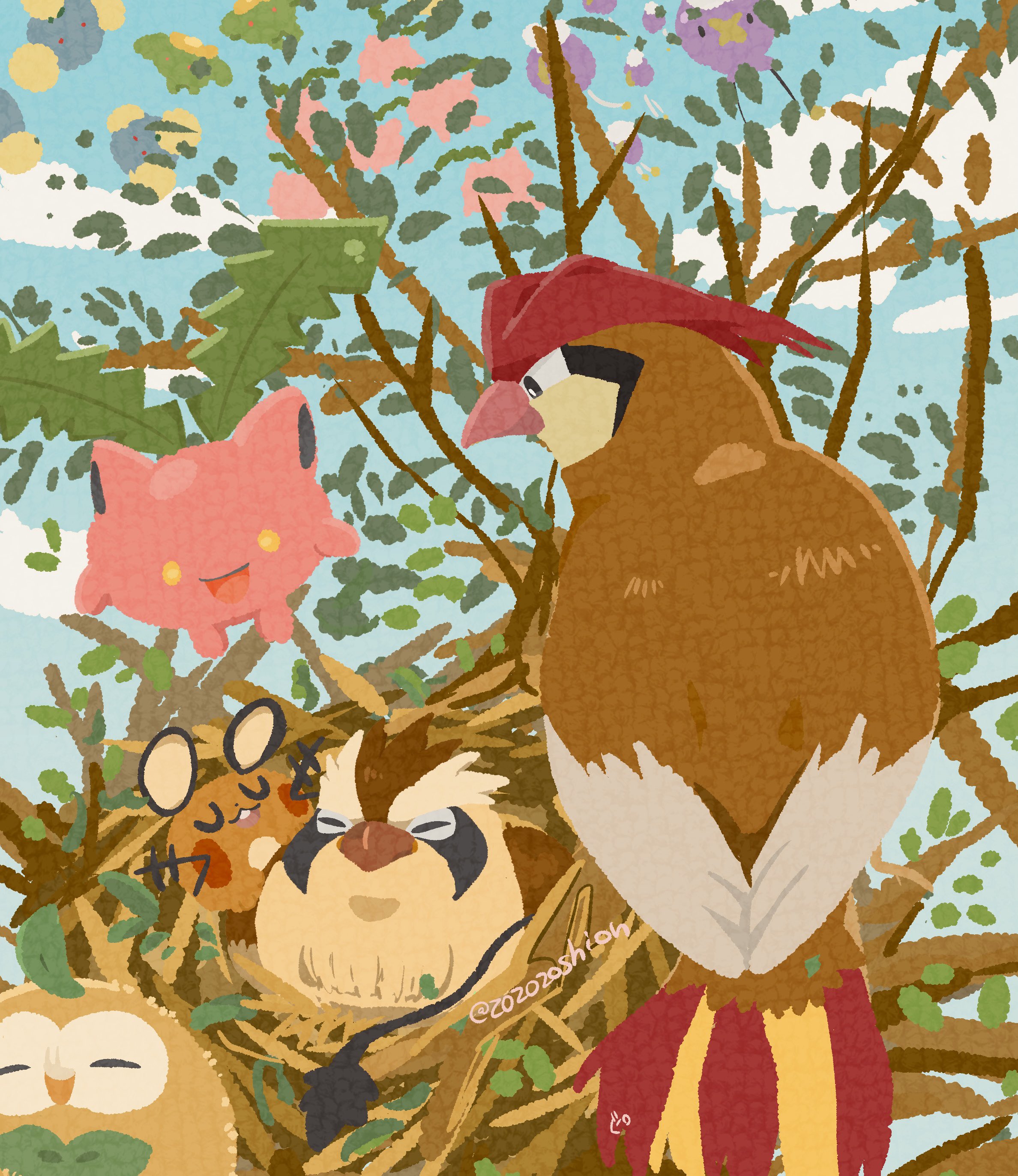 zozozoshion, dedenne, drifloon, hoppip, jumpluff, pidgeot, pidgey, rowlet, skiploom, nintendo, pokemon, absurdres, highres, animal focus, beak, bird, bird nest, closed eyes, closed mouth, day, evolutionary line, full body, gen 1 pokemon, gen 2 pokemon, gen 4 pokemon, gen 6 pokemon, gen 7 pokemon, leaf, nest, no humans, outdoors, owl, pokemon (creature), pokemon focus, sky, sleeping, smile, tongue, tongue out, tree, wings, yellow eyes