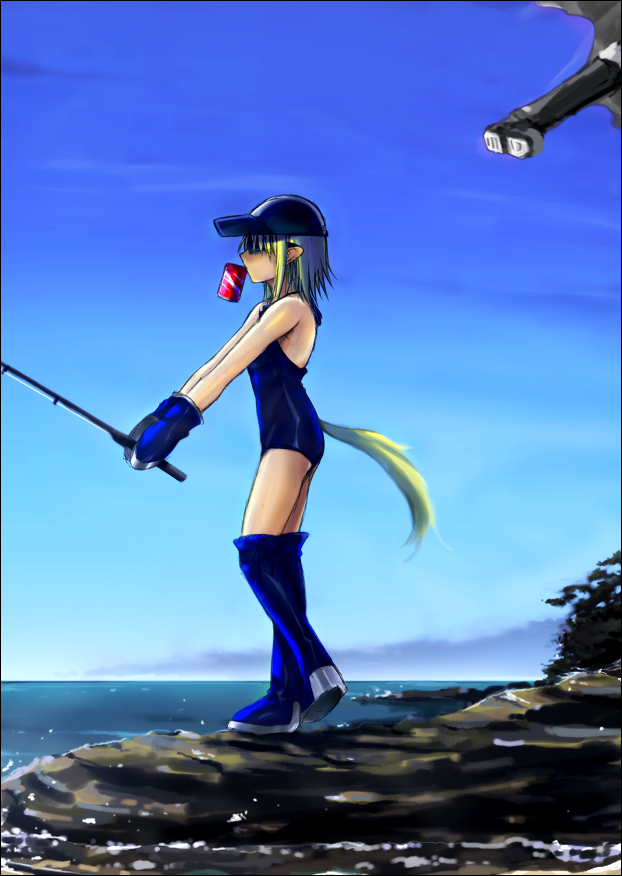 puyo (puyotopia), ciel (tsukihime), nanako, nanako (tsukihime), tsukihime, 00s, 1girl, baseball cap, beach, blue thighhighs, boots, can, day, female focus, fishing, fishing rod, flying kick, gloves, green hair, hair over eyes, hat, holding, holding fishing rod, incoming attack, kicking, mouth hold, ocean, one-piece swimsuit, outdoors, pointy ears, school swimsuit, short hair, solo, swimsuit, tail, thigh boots, thighhighs, water