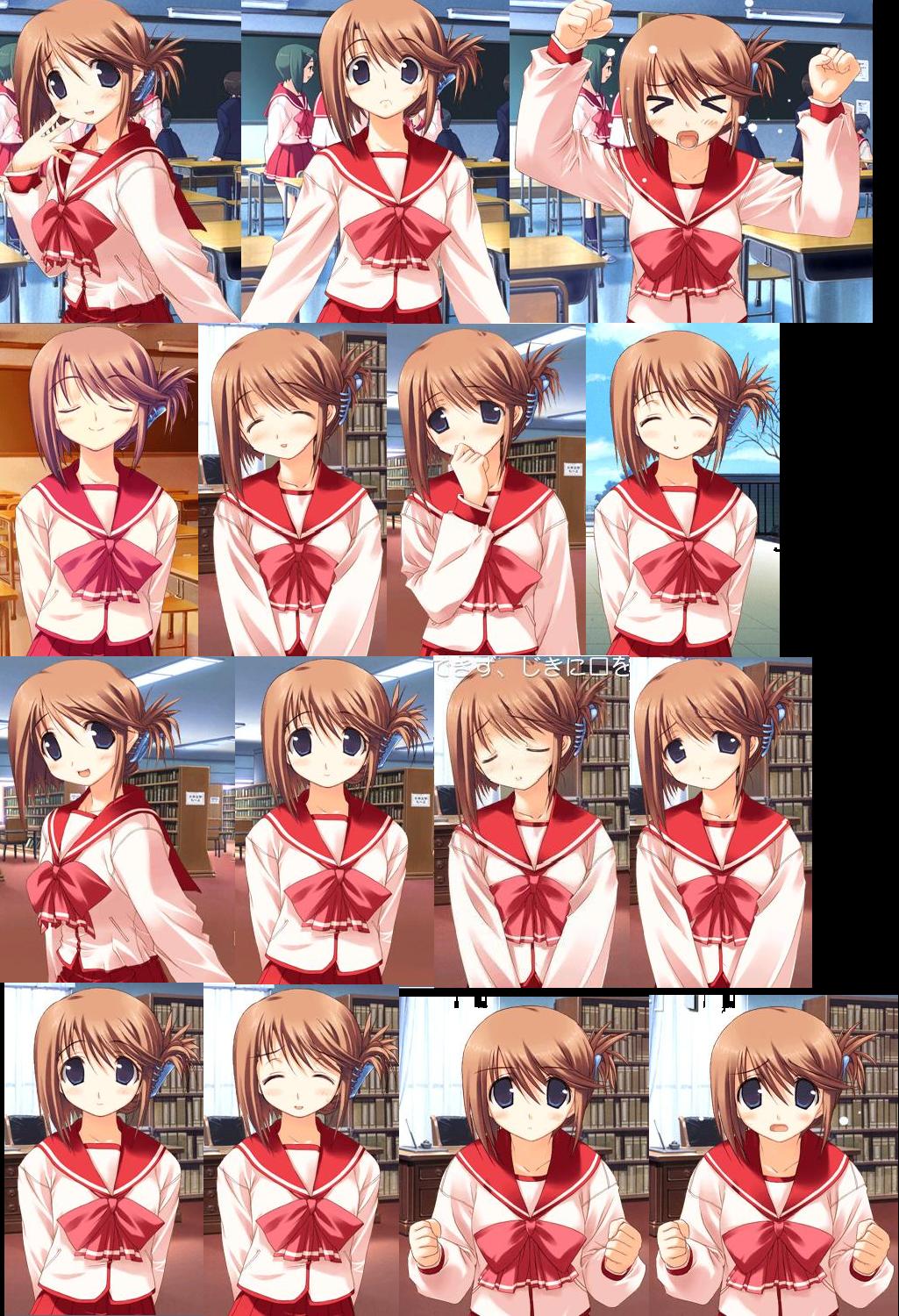 amazuyu tatsuki, mitsumi misato, komaki manaka, to heart (series), to heart 2, lights, game cg, highres, > <, 00s, 2boys, 5girls, :d, :o, arms behind back, arms up, backlighting, black hair, blue eyes, blush, book, bookshelf, bow, breasts, brown hair, chair, chalkboard, classroom, clenched hand, clenched hands, closed eyes, closed mouth, cloud, collage, collar, comparison, covering own mouth, day, desk, folded ponytail, from side, frown, gakuran, hair between eyes, hair ornament, hair up, hairclip, hand on own cheek, hand on own face, hand over mouth, hand over own mouth, hands up, happy, indoors, kneehighs, library, light smile, long sleeves, looking at viewer, multiple boys, multiple expressions, multiple girls, multiple views, office chair, open mouth, outdoors, pleated skirt, raised eyebrows, rooftop, sad, school, school desk, school uniform, serafuku, serious, shoes, short hair, shouting, skirt, sky, small breasts, smile, socks, solo focus, standing, sunlight, sunset, surprised, swivel chair, tantrum, tile floor, tiles, upper body, uwabaki, v arms, wide-eyed, window