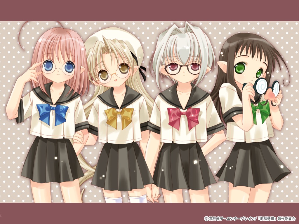 kururu (binzume yousei), tokumi yuiko, chiriri (binzume yousei), hororo (binzume yousei), kururu (bottle fairy), sarara (binzume yousei), binzume yousei, 00s, 4girls, blue eyes, copyright notice, glasses, green eyes, groucho glasses, holding, holding removed eyewear, multiple girls, pleated skirt, red eyes, school uniform, serafuku, skirt, unworn eyewear, yellow eyes