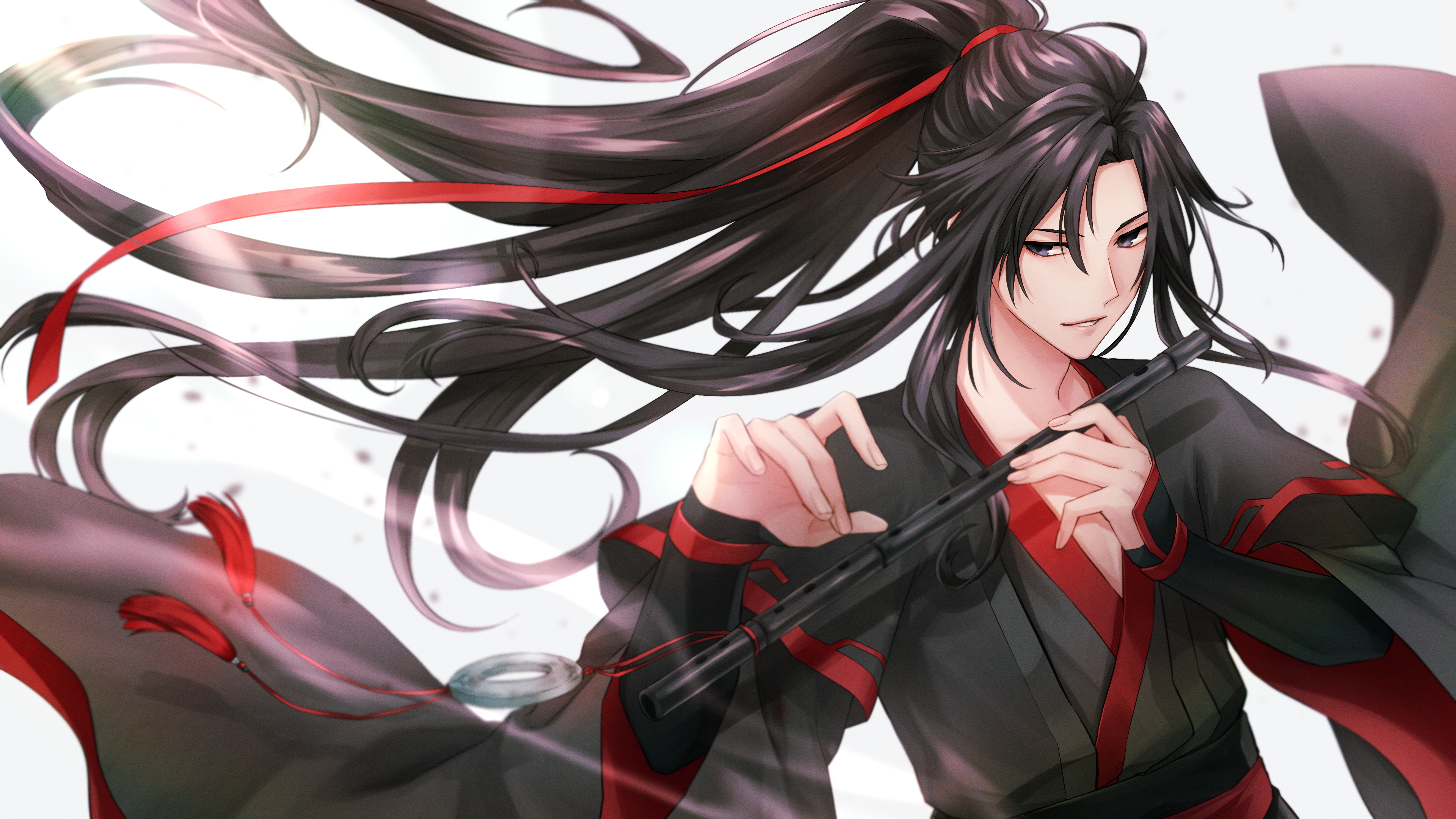 iritani ryouya, wei wuxian, modao zushi, absurdres, highres, 1boy, ahoge, bishounen, black eyes, black hair, black hanfu, chinese clothes, dizi, fighting stance, floating clothes, floating hair, flute, flute tassel, hair ribbon, hanfu, holding, holding flute, holding instrument, instrument, long hair, long sleeves, male focus, music, parted lips, playing flute, playing instrument, ponytail, red ribbon, ribbon, robe, sidelocks, simple background, sleeves past wrists, smile, smoke, solo, tassel, transverse flute, upper body, very long hair, white background, wide sleeves