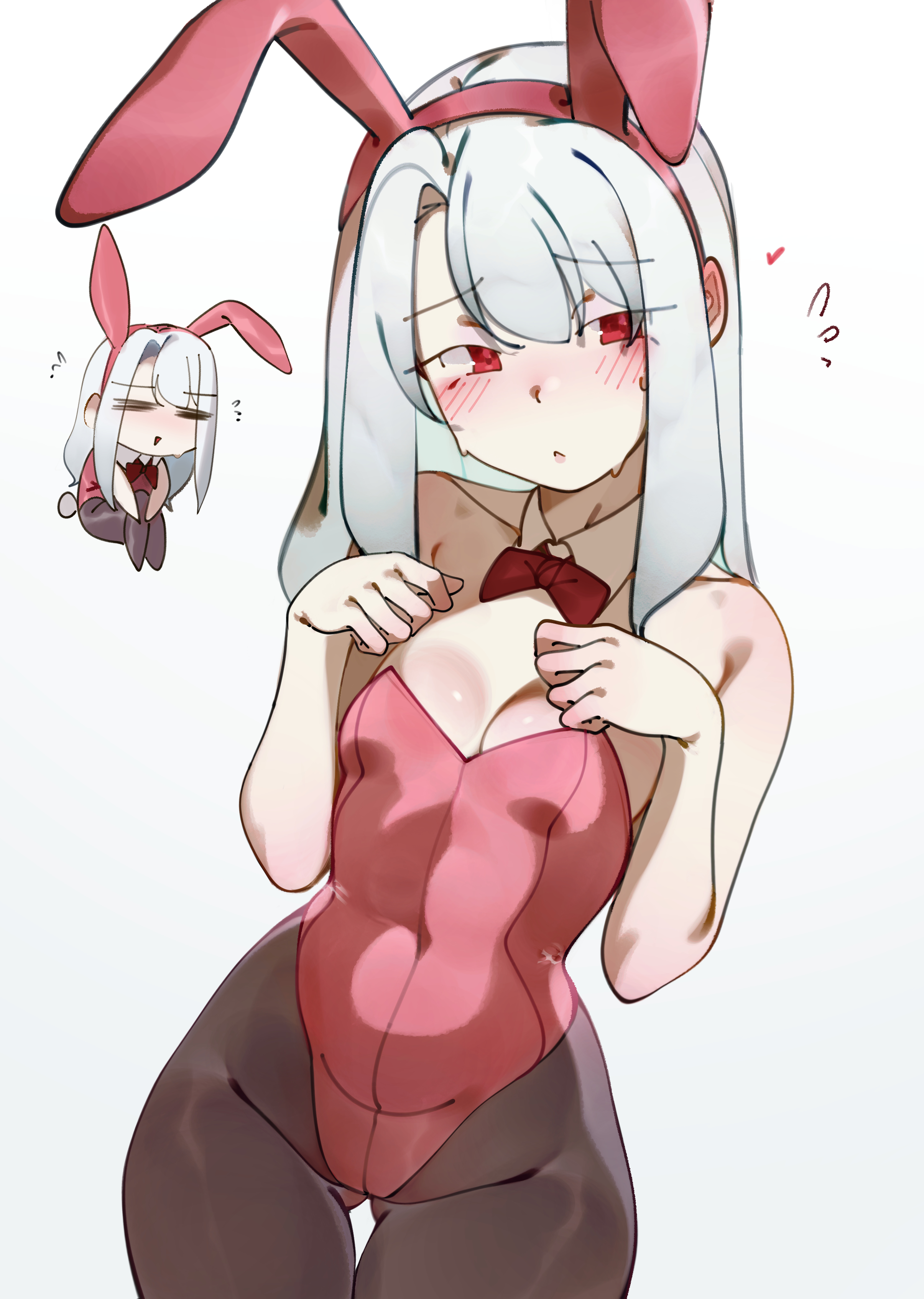 deko morii, illyasviel von einzbern, fate/stay night, fate (series), absurdres, highres, 1girl, animal ears, blush, breasts, brown pantyhose, chibi, covered navel, detached collar, fake animal ears, highleg, highleg leotard, leotard, long hair, looking at viewer, multiple views, pantyhose, pink leotard, playboy bunny, rabbit ears, rabbit tail, red eyes, sidelocks, small breasts, tail, white hair, wrist cuffs
