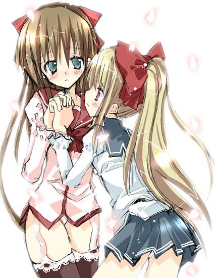 takasaki yuuki, original, 2girls, black thighhighs, cherry blossoms, eye contact, female focus, garter belt, garter straps, holding hands, interlocked fingers, long hair, looking at another, multiple girls, no pants, panties, pleated skirt, ponytail, school uniform, serafuku, skirt, thighhighs, underwear, white background, yuri
