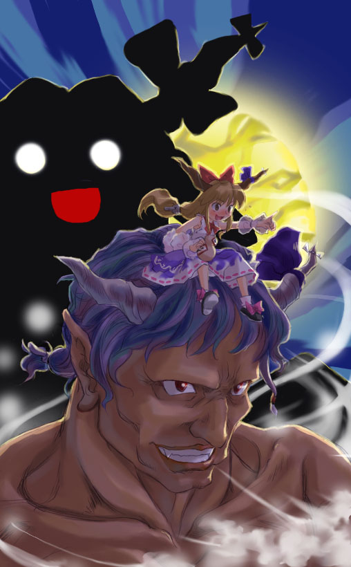 kiriu, ibuki suika, touhou, white legwear, >:d, 1boy, 1girl, :d, blue hair, blush, bow, brown hair, collarbone, evil grin, evil smile, fangs, grin, hair bow, horns, large bow, mary janes, messy hair, muscular, nose blush, oni, open mouth, pointing, pointy ears, ponytail, red eyes, shoes, skirt, smile, v-shaped eyebrows, vest, what, yellow eyes
