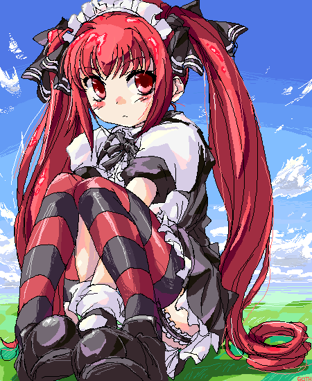 matsukura nemu, kooh (pangya), pangya, 1girl, alternate hair color, arms between legs, black shoes, black thighhighs, boots, cloud, day, female focus, garter belt, garter straps, hairband, knees up, long hair, looking at viewer, oekaki, outdoors, red eyes, red hair, red thighhighs, shoes, sitting, skirt, sky, solo, striped clothes, striped thighhighs, suspender skirt, suspenders, thighhighs, twintails, very long hair