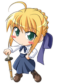 nino (ninouchi irazu), artoria pendragon (fate), saber (fate), fate/stay night, fate (series), lowres, 00s, 1girl, ahoge, blonde hair, blush stickers, bow, chibi, chibi only, female focus, green eyes, hair bow, hand on own hip, hip focus, pantyhose, ribbon, shinai, simple background, solo, sword, weapon, white background