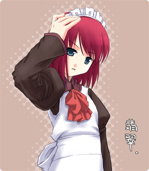 senji (tegone spike), hisui (tsukihime), tsukihime, 00s, 1girl, blue eyes, female focus, hand on own head, looking at viewer, maid, maid headdress, red hair, short hair, solo