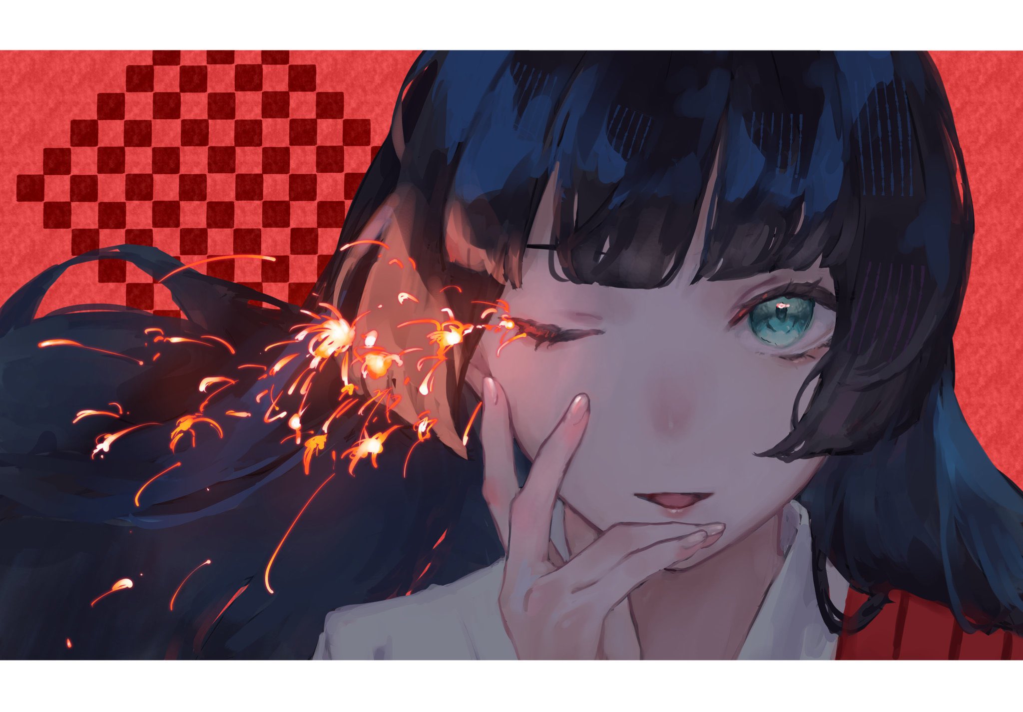 saidamoosu, ikizulive! love live! bluebird, love live!, commentary request, highres, 1girl, ;d, black hair, blue eyes, blunt bangs, collared shirt, fireworks, hand on own face, komagata hanabi, letterboxed, long hair, one eye closed, open mouth, portrait, red background, shirt, smile, solo, what is my life? (love live!), white shirt