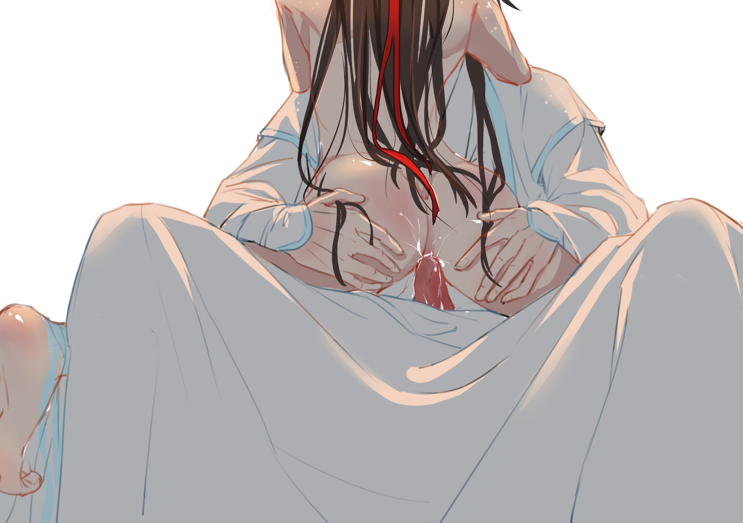 lan wangji, wei wuxian, modao zushi, chinese commentary, highres, 2boys, anal, anus, ass, back, barefoot, bed sheet, black hair, chinese clothes, clothed male nude male, completely nude, cum, cum in ass, cum on ass, cum on body, cum on male, from behind, grabbing another's ass, groping, hair ribbon, hands on another's ass, hanfu, head out of frame, long hair, long sleeves, male focus, male penetrated, multiple boys, nude, penis, ponytail, red ribbon, ribbon, robe, sex, simple background, sitting, sitting on person, spread legs, straddling, sweat, uncensored, upright straddle, user uhrm2355, white background, white hanfu, wide sleeves, yaoi