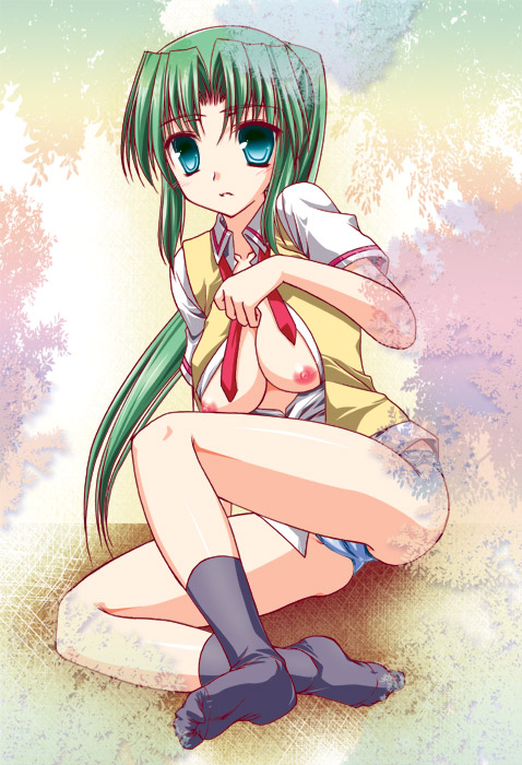 shigemiya kyouhei, sonozaki mion, higurashi no naku koro ni, 00s, 1girl, bare legs, blue panties, breasts, female focus, green eyes, green hair, large breasts, long hair, looking at viewer, matching hair/eyes, necktie, nipples, no pants, no shoes, open clothes, open shirt, panties, red necktie, shirt, socks, solo, underwear, undone necktie