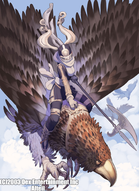 hirooka masaki, alteil, original, 00s, 1girl, 2003, bird, eagle, female focus, long hair, polearm, riding, solo, twintails, weapon