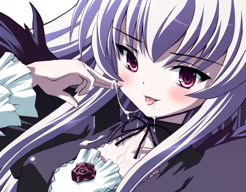 shinshin, suigintou, rozen maiden, silver hair, 00s, 1girl, blush, cum, cum string, female focus, pale skin, pink eyes, smile, solo, tongue, tongue out