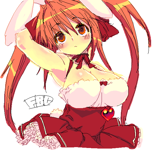fbc, usada hikaru, di gi charat, 1girl, animal ears, armpits, arms up, blouse, breasts, cleavage, female focus, frown, halterneck, large breasts, looking up, oekaki, orange hair, rabbit ears, rabbit tail, red eyes, red hair, shirt, simple background, solo, tail, twintails, white background, white shirt