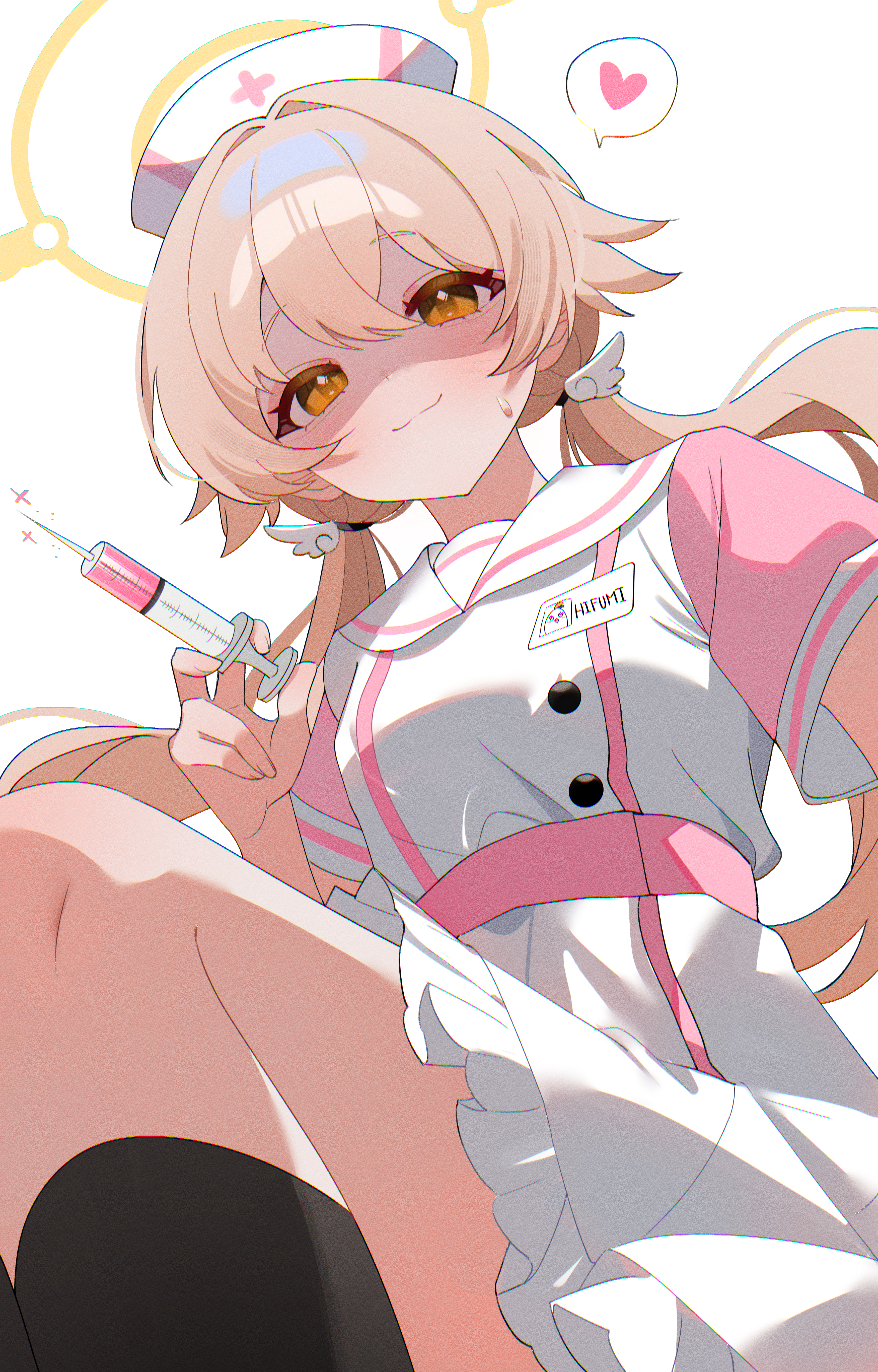 shusuchii, hifumi (blue archive), blue archive, absurdres, commentary, highres, symbol-only commentary, 1girl, alternate costume, black socks, blonde hair, brown eyes, closed mouth, dress, from below, hair between eyes, hair flaps, hair intakes, hair ornament, halo, heart, holding, holding syringe, long hair, looking at viewer, low twintails, short sleeves, simple background, sitting, smile, socks, solo, spoken heart, syringe, thighs, twintails, white background, white dress, wing hair ornament, yellow halo