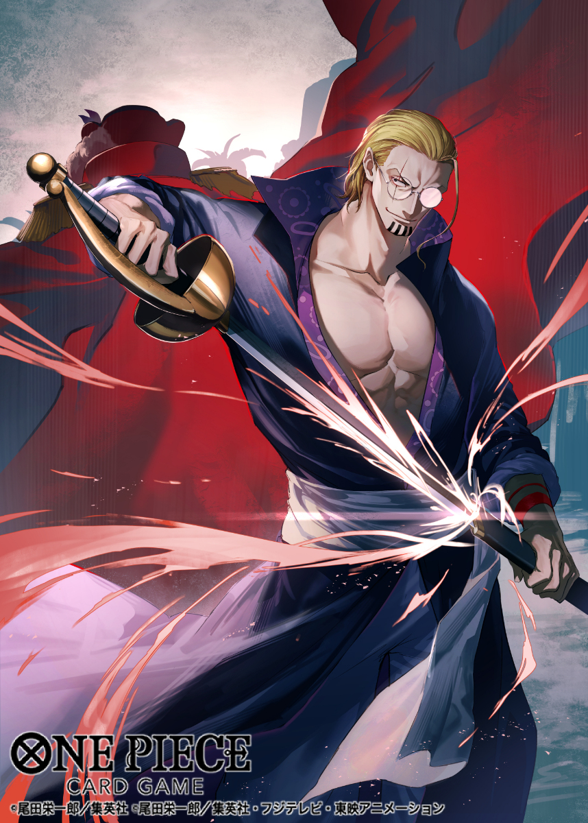 namahamu913, gol d. roger, silvers rayleigh, one piece, one piece card game, commentary request, highres, official art, 2boys, abs, aged down, blonde hair, coat, copyright name, epaulettes, facial hair, glasses, goatee, hair slicked back, hat, high collar, holding, holding sword, holding weapon, japanese clothes, kimono, looking to the side, multiple boys, pirate hat, red coat, sash, scar, scar across eye, scar on face, sheath, smile, sword, unsheathing, v-shaped eyebrows, weapon