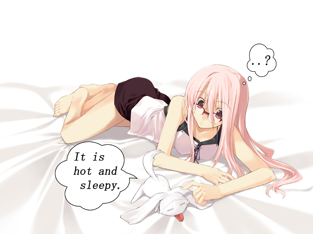 tachibana yuu, original, 1girl, english text, engrish text, female focus, glasses, long hair, lying, on stomach, pink eyes, pink hair, rabbit, ranguage, shorts, skirt, solo, tongue