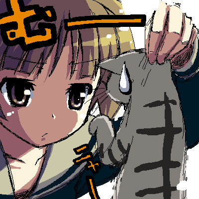 kabayaki unagi, goronta, shimazu yoshino, maria-sama ga miteru, striped, lowres, 00s, 1girl, brown eyes, brown hair, cat, female focus, oekaki, school uniform, solo, staring, sweatdrop