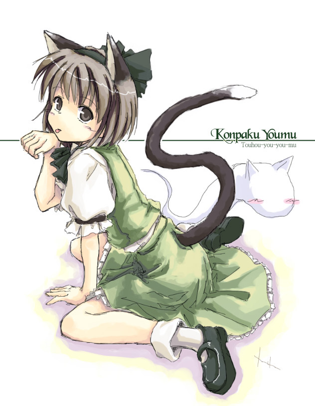akiyama nenehisa, konpaku youmu, konpaku youmu (ghost), touhou, silver hair, 1girl, animal ears, black shoes, blush, cat ears, cat girl, cat tail, character name, copyright name, female focus, ghost, hairband, hitodama, kemonomimi mode, paw pose, shoes, short hair, sitting, socks, solo, tail, tongue, wariza, white background