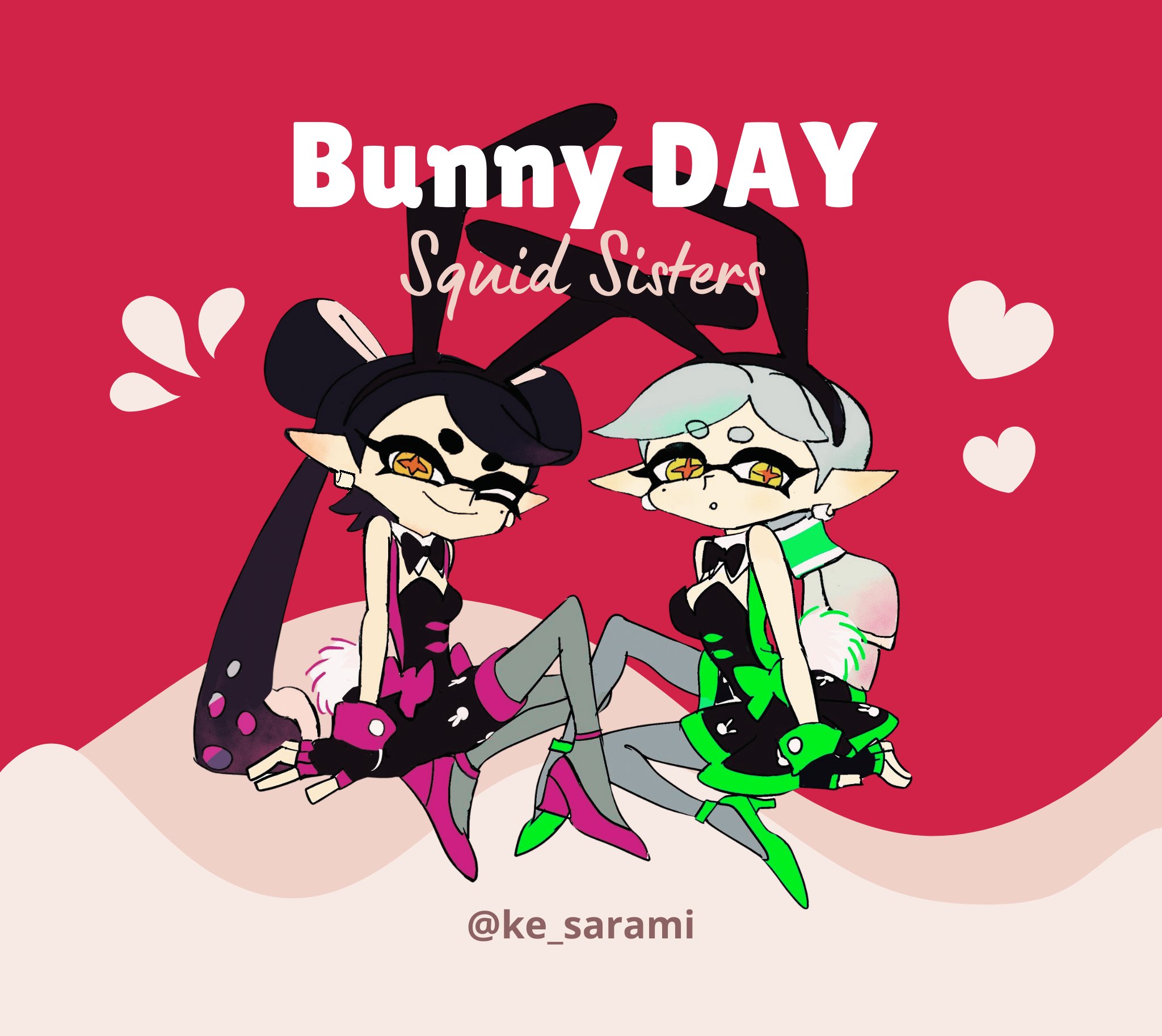 ke sarami, callie (splatoon), marie (splatoon), nintendo, splatoon (series), 2girls, alternate costume, black hair, bow, bowtie, bunny day, detached collar, dress, ear piercing, fingerless gloves, gloves, grey hair, hairband, high heels, looking at viewer, mole, mole under eye, multicolored hair, multiple girls, one eye closed, pantyhose, piercing, pointy ears, ponytail, rabbit ears, rabbit tail, red background, short dress, sitting, smile, tentacle hair, twintails, two-tone hair, vest, white hair