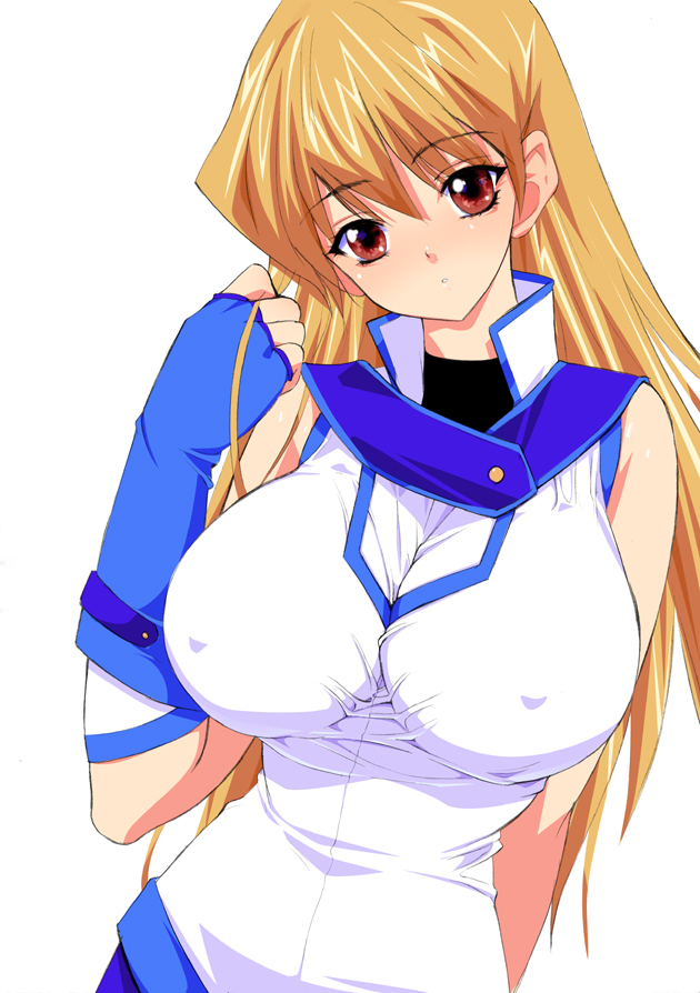 kusaka souji, tenjouin asuka, yu-gi-oh!, yu-gi-oh! gx, 1girl, arm behind back, blonde hair, blouse, breasts, brown eyes, covered erect nipples, elbow gloves, female focus, fingerless gloves, gloves, head tilt, holding, holding own hair, huge breasts, large breasts, long hair, looking at viewer, obelisk blue uniform, parted lips, shirt, simple background, sleeveless, sleeveless shirt, solo, upper body, white background, white shirt