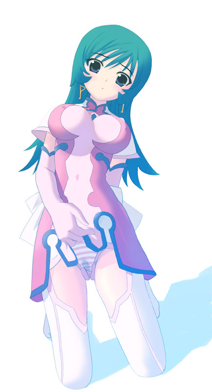 houmitsu, kotona elegance, zoids, zoids genesis, 00s, 1girl, black eyes, breasts, clothes lift, covered erect nipples, female focus, green hair, kneeling, large breasts, looking at viewer, navel, panties, pink panties, skirt, skirt lift, solo, striped clothes, striped panties, underwear, upskirt, wet, wet clothes, wet panties