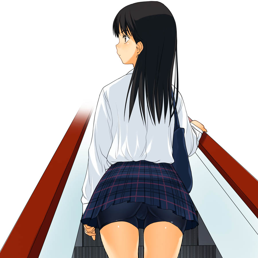 a1 (initial-g), original, 1girl, ass, bike shorts, bike shorts under skirt, black hair, brown eyes, cameltoe, escalator, female focus, from behind, latex, long hair, pleated skirt, shorts, shorts under skirt, skirt, solo, spandex