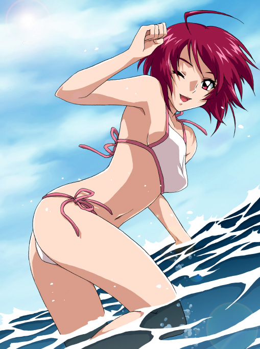 lunamaria hawke, gundam, gundam seed, gundam seed destiny, artist request, 00s, 1girl, ahoge, armpits, bent over, bikini, caustics, cloud, day, female focus, lens flare, looking at viewer, one eye closed, outdoors, parted bangs, red eyes, red hair, short hair, side-tie bikini bottom, solo, string bikini, swept bangs, swimsuit, thong bikini, wading, white bikini, wink