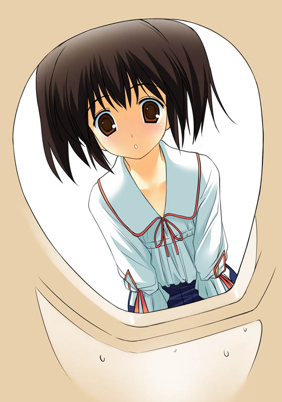 a1 (initial-g), yuzuhara konomi, to heart (series), to heart 2, 00s, 1girl, blouse, brown eyes, brown hair, female focus, from below, looking inside, parted lips, shirt, short hair, solo, toilet, toilet seat, white shirt